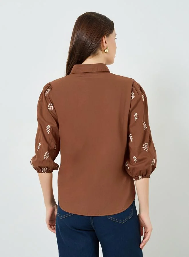 Styli Women Brown Embroidered Shirt with 3/4 Sleeves